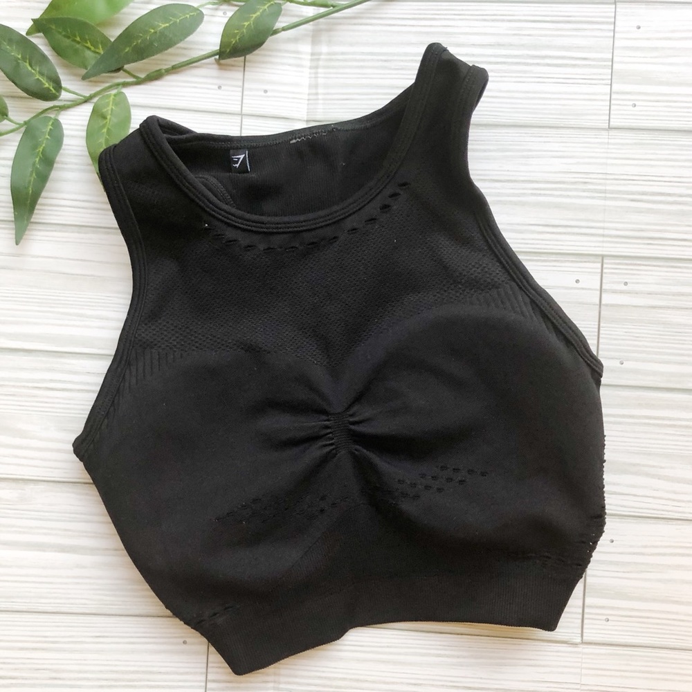 Gymshark racerback sports bra in black. No tag; measures out to be a size S